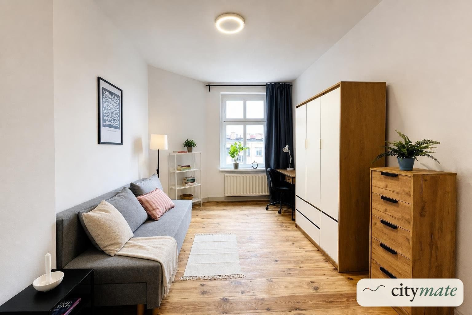 Room with a desk and a wardrobe near Kosińskiego stop