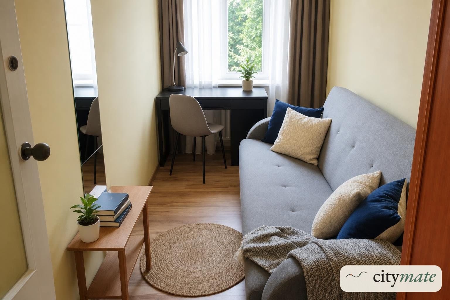 Scandinavian room with a sofa and a desk